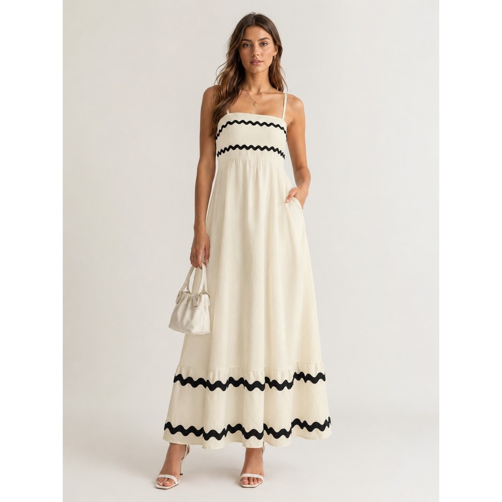PRETTYGARDEN Ric Rac Trim Sleeveless Maxi Dress‎ Smocked Cream Black S NWT